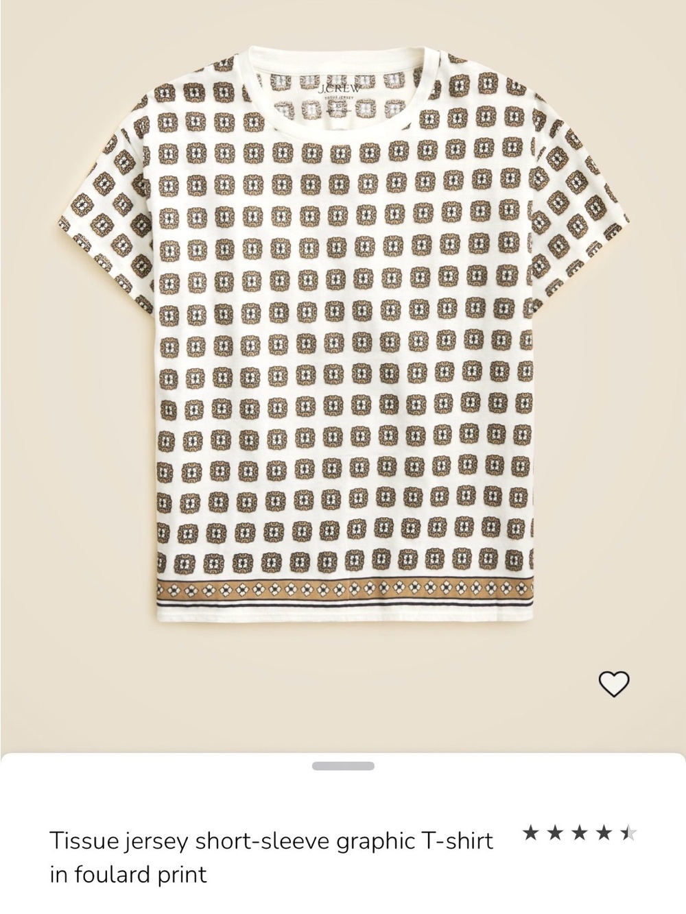 NWT J Crew Retail Tissue Jersey SS Graphic T in Foulard Print. Ivory Lace. Sz Lg